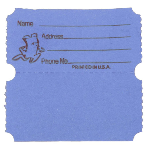 Blue raffle ticket with blank lines labeled 'Name,' 'Address,' and 'Phone No.,' featuring a cartoon ticket character and the text 'PRINTED IN U.S.A.,' with perforated edges and a detachable stub.