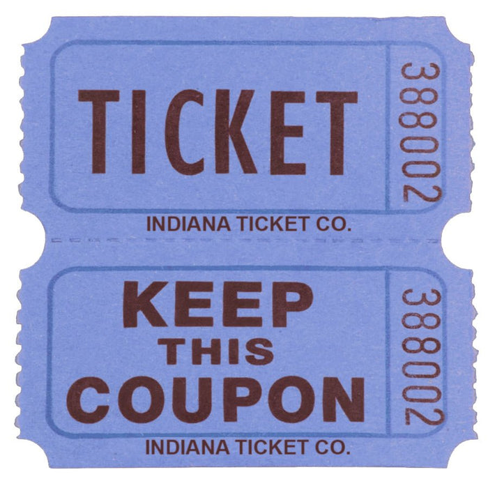 Blue double raffle ticket with bold black text. The top half reads 'TICKET' and the bottom half reads 'KEEP THIS COUPON,' both labeled with 'INDIANA TICKET CO.' and serial number '388002,' separated by a perforation.