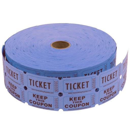 Large roll of blue double raffle tickets with 'TICKET' and 'KEEP THIS COUPON' printed in bold black letters, featuring perforations and a cardboard core, partially unwound against a white background.