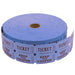 Large roll of blue double raffle tickets with 'TICKET' and 'KEEP THIS COUPON' printed in bold black letters, featuring perforations and a cardboard core, partially unwound against a white background.