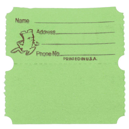 Green raffle ticket with blank lines labeled 'Name,' 'Address,' and 'Phone No.,' featuring a cartoon ticket character and the text 'PRINTED IN U.S.A.,' with perforated edges and a detachable stub.