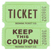 Green double raffle ticket with bold black text. The top half reads 'TICKET' and the bottom half reads 'KEEP THIS COUPON,' both labeled with 'INDIANA TICKET CO.' and serial number '388002,' separated by a perforation.