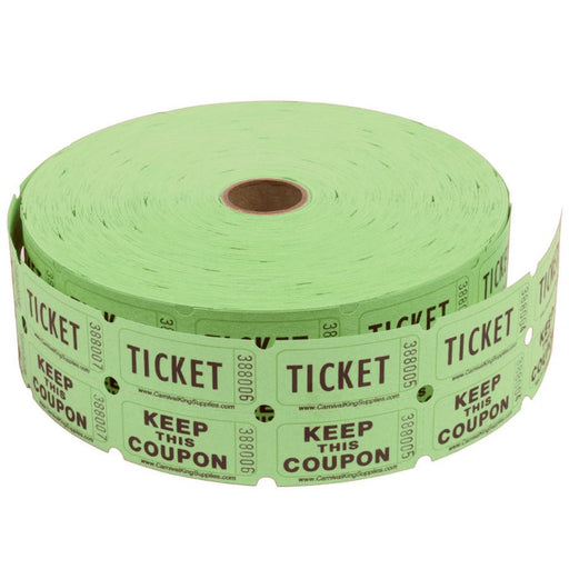 Large roll of green double raffle tickets with 'TICKET' and 'KEEP THIS COUPON' printed in black text, featuring perforations and a cardboard core, partially unwound on a white background.