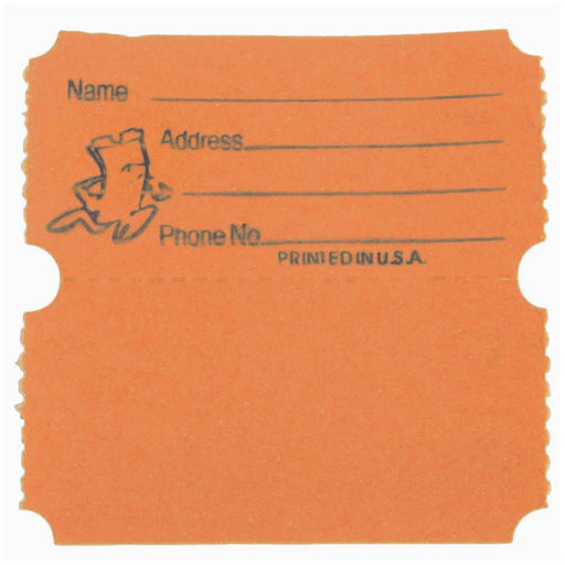 Orange raffle ticket with three blank fields labeled Name, Address, and Phone No., accompanied by a small cartoon ticket character illustration, and 'PRINTED IN U.S.A.' text at the bottom right.