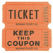 Orange raffle ticket with two sections: the top labeled 'TICKET' and the bottom labeled 'KEEP THIS COUPON,' both in bold black text, with 'INDIANA TICKET CO.' printed below and the number 388002 along the side.