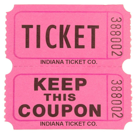 Close-up of a pink raffle ticket with two sections: the top labeled 'TICKET' and the bottom labeled 'KEEP THIS COUPON,' both marked with serial number 388002 and 'INDIANA TICKET CO.'