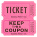 Close-up of a pink raffle ticket with two sections: the top labeled 'TICKET' and the bottom labeled 'KEEP THIS COUPON,' both marked with serial number 388002 and 'INDIANA TICKET CO.'