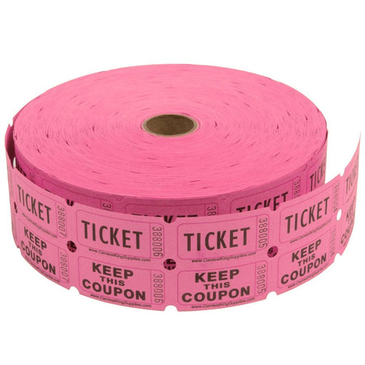 Roll of pink tickets with black text reading 'TICKET' and 'KEEP THIS COUPON,' partially unrolled to reveal the individual perforated tickets.