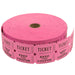Roll of pink tickets with black text reading 'TICKET' and 'KEEP THIS COUPON,' partially unrolled to reveal the individual perforated tickets.