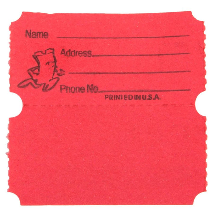 Red raffle ticket with blank lines labeled 'Name,' 'Address,' and 'Phone No.,' featuring a cartoon ticket character and the text 'PRINTED IN U.S.A.,' with perforated edges and a detachable stub.