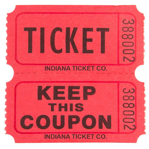 Red double raffle ticket with bold black text. The top half reads 'TICKET' and the bottom half reads 'KEEP THIS COUPON,' both labeled with 'INDIANA TICKET CO.' and serial number '388002,' separated by a perforation.