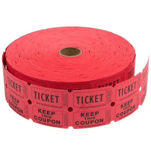 Large roll of red double raffle tickets with 'TICKET' and 'KEEP THIS COUPON' printed in black text, featuring perforations and a cardboard core, partially unwound on a white background.