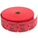 Large roll of red double raffle tickets with 'TICKET' and 'KEEP THIS COUPON' printed in black text, featuring perforations and a cardboard core, partially unwound on a white background.