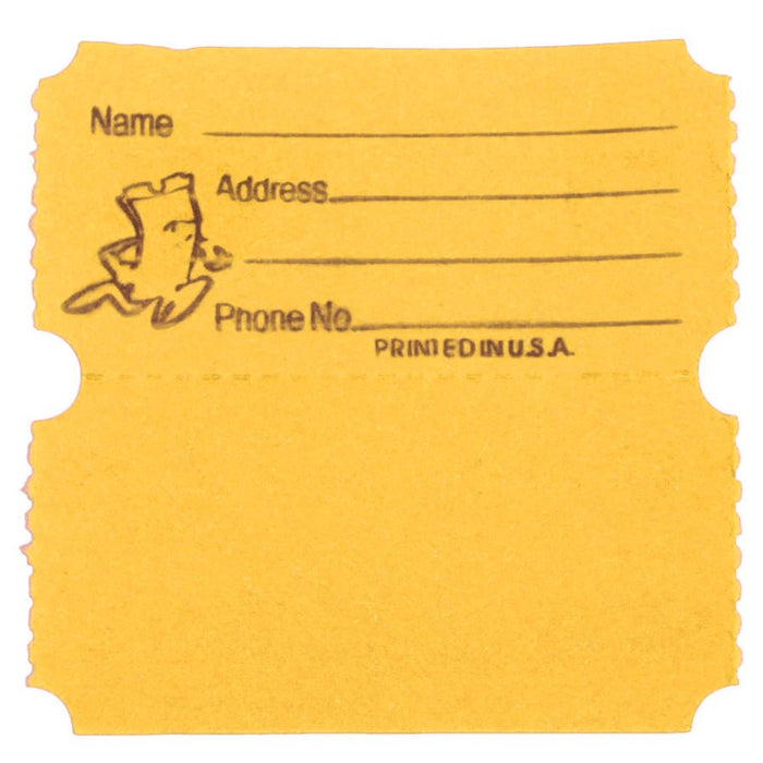Yellow raffle ticket with blank lines labeled 'Name,' 'Address,' and 'Phone No.,' featuring a cartoon ticket character and the text 'PRINTED IN U.S.A.,' with perforated edges and a detachable stub.