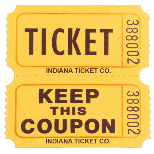 Yellow double raffle ticket with bold black text. The top half reads 'TICKET' and the bottom half reads 'KEEP THIS COUPON,' both labeled with 'INDIANA TICKET CO.' and serial number '388002,' separated by a perforation.