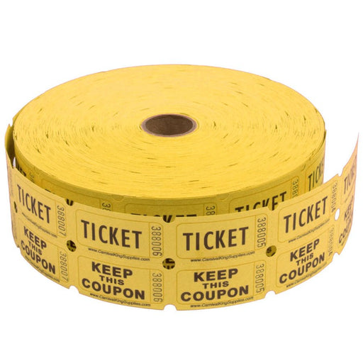 Large roll of yellow double raffle tickets with 'TICKET' and 'KEEP THIS COUPON' printed in black text, featuring perforations and a cardboard core, partially unwound on a white background.