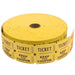 Large roll of yellow double raffle tickets with 'TICKET' and 'KEEP THIS COUPON' printed in black text, featuring perforations and a cardboard core, partially unwound on a white background.