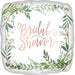 Square white balloon with a green leafy border and the words ‘Bridal Shower’ in pink script at the center.