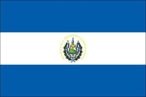 Rectangular flag with three horizontal stripes: blue on the top and bottom, and white in the center. A detailed national emblem is centered within the white stripe, containing a triangle, flags, and a laurel wreath.