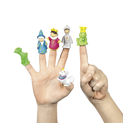 Set of colorful finger puppet toys worn on children’s hands. The puppets include a green dragon, a blue wizard, a queen in pink, a black knight, a green frog king with a crown, and a jester.