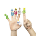 Set of colorful finger puppet toys worn on children’s hands. The puppets include a green dragon, a blue wizard, a queen in pink, a black knight, a green frog king with a crown, and a jester.