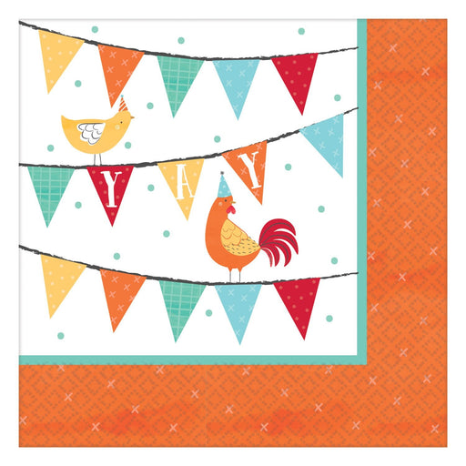 Square paper napkin with a farm party theme. The design shows colorful bunting flags with the word 'YAY,' a rooster and a chick wearing party hats, teal polka dots, and an orange patterned border.