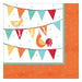 Square paper napkin with a farm party theme. The design shows colorful bunting flags with the word 'YAY,' a rooster and a chick wearing party hats, teal polka dots, and an orange patterned border.