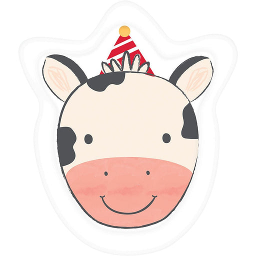 Shaped paper plate featuring a smiling cow face wearing a red and white striped party hat with a yellow pom-pom on top.