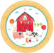 Round paper plate with a farm party theme. The illustration shows a red barn with bunting, a pig, cow, rooster, and chickens wearing party hats, along with balloons and trees in the background. The rim of the plate is yellow with white polka dots.
