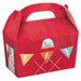 Red barn-shaped party favor box with a handle. The design features barn doors, a blue bird above the doors, and colorful bunting flags spelling 'YAY.'