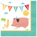 Square paper napkin with a farm party design. The illustration shows a pig and a chicken in party hats under a colorful bunting banner that spells 'PARTY,' with a smiling sun and teal border.