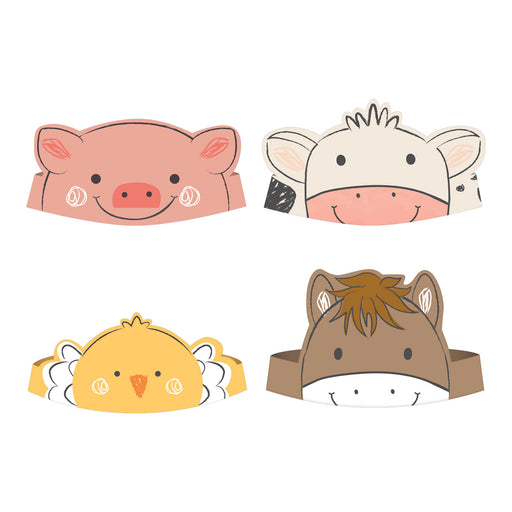 Set of four farm animal party headbands. Designs include a pig, cow, chick, and horse, each illustrated with cute cartoon faces.
