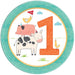 Round paper plate with a farm-themed first birthday design. The illustration shows a cow, pig, and chickens wearing party hats next to a large orange number '1' with a teal border around the plate.