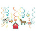 Set of farm-themed hanging swirl decorations. Each swirl is in bright colors like orange, yellow, and teal, with cutouts of a cow, rooster, barn, horse, pig, and a chick attached at the bottom.