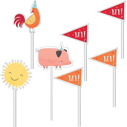 Set of party cupcake toppers with farm-themed designs. Includes a rooster wearing a party hat, a smiling yellow sun, a pink pig with a party hat, and several triangular pennant flags in red and orange with the word 'YAY!' printed in white. Each topper is attached to a white stick.