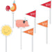 Set of party cupcake toppers with farm-themed designs. Includes a rooster wearing a party hat, a smiling yellow sun, a pink pig with a party hat, and several triangular pennant flags in red and orange with the word 'YAY!' printed in white. Each topper is attached to a white stick.