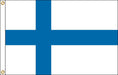 Rectangular flag with a white background and a blue Scandinavian-style cross. The vertical part of the cross is shifted toward the hoist side. The hoist edge includes a white strip with two brass grommets.