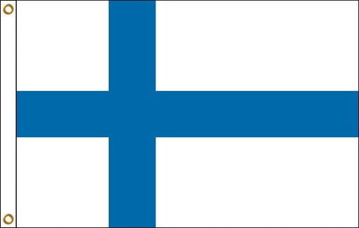 Rectangular flag with a white background and a blue Scandinavian-style cross. The vertical part of the cross is shifted toward the hoist side. The hoist edge includes a white strip with two brass grommets.