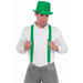 Man wearing bright green suspenders over a white button-down shirt and blue jeans. The suspenders feature silver clips attaching to the waistband and adjustable straps for a secure fit, suitable for costumes, formalwear, or fashion accessories.