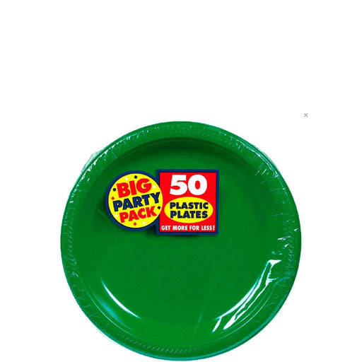 A green plastic plate from a pack labeled 'Big Party Pack – 50 Plastic Plates – Get more for less!' The plate is still in its original packaging, which is a clear plastic wrap tightly covering the plate. A bright, colorful sticker is placed in the center, featuring bold red, yellow, and black text with a circular 'Big Party Pack' logo on the left and a square label on the right that states the quantity and product type. The packaging emphasizes value and bulk quantity for party use.