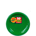 A green plastic plate from a pack labeled 'Big Party Pack – 50 Plastic Plates – Get more for less!' The plate is still in its original packaging, which is a clear plastic wrap tightly covering the plate. A bright, colorful sticker is placed in the center, featuring bold red, yellow, and black text with a circular 'Big Party Pack' logo on the left and a square label on the right that states the quantity and product type. The packaging emphasizes value and bulk quantity for party use.