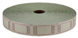 Large roll of light green raffle tickets with red borders and black serial numbers, wound around a cardboard core and partially unwound on a white background.