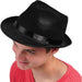 "Person wearing a black fedora-style hat with a glossy black band around the base of the crown. The hat has a creased top and a slightly upturned brim. The individual is looking downward and wearing a red shirt.
