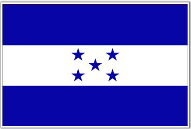 A flag with three horizontal stripes: blue on the top and bottom, and white in the middle. Five blue stars are arranged in an X pattern in the center of the white stripe.