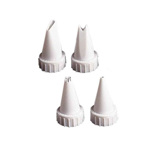 Four white plastic frosting tips with different nozzle shapes, each attached to a ribbed screw-on base.