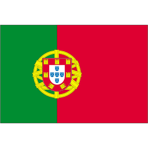 A flag with two vertical sections: green on the left and red on the right, featuring a detailed yellow armillary sphere and shield in the center.