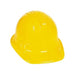 A shiny yellow plastic construction hard hat with a ridged top and wide brim.