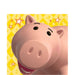 Toy Story-themed party napkin featuring Hamm the piggy bank smiling against a yellow diamond-patterned background with red and white starburst accents.