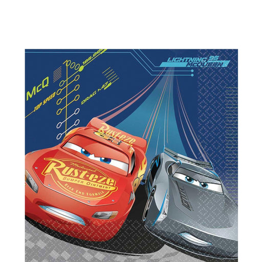 Disney Pixar Cars themed napkin featuring Lightning McQueen and Jackson Storm racing, with speedometer graphics and bold blue background design.