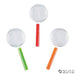 Three clear plastic magnifying glasses with colored handles in green, red, and orange.